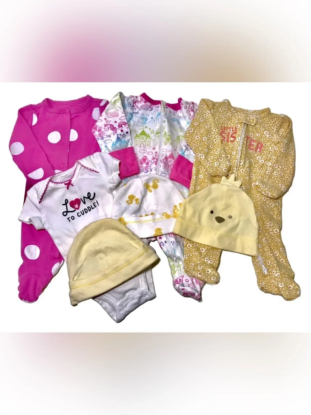 Carter's Baby Girls Newborn 3 Footed Sleepers 3 Beanie Caps Bodysuit 7 Piece Lot